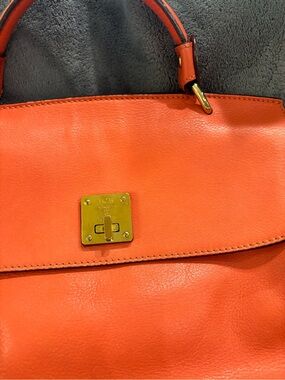 Vintage MCM Coral-Orange Leather Shoulder Satchel with Gold Hardware